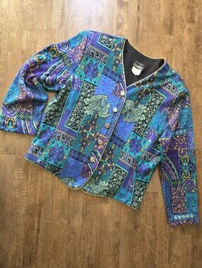 Vintage Victorian Inspired Patchwork Cardigan - Shoulder Pads Gold Piping
